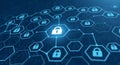 Digital security concept with interconnected hexagonal nodes and central padlock symbolizing cyber protection Royalty Free Stock Photo