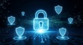 Digital security concept with a large lock and shields against a binary code background Royalty Free Stock Photo