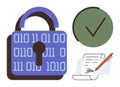 Digital Security Concept with Lock, Binary Code, Checkmark, and Signed Document Royalty Free Stock Photo
