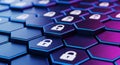 Digital security concept with multiple blue and purple hexagonal tiles featuring white padlock icons on futuristic grid Royalty Free Stock Photo