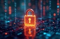 Digital security concept. Padlock on circuit board. Binary code visible in background. Modern tech. Cybersecurity image.