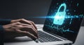 Digital security concept person typing on laptop with glowing padlock and network data overlay Royalty Free Stock Photo