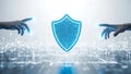 Digital Security Concept: Shield with Circuit Board Pattern and Connecting Hands Royalty Free Stock Photo