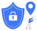 Digital Security Concept with Shield, Padlock, GPS Pin, and Figure Holding Object Royalty Free Stock Photo