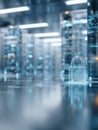 Digital security concept. A transparent, glowing padlock icon in a blurred, futuristic server room or data center, illustrating Royalty Free Stock Photo