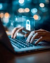 Digital security and cyber protection with lock icons and futuristic interface on a laptop Royalty Free Stock Photo