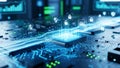 Digital Security and Data Processing: Futuristic Circuit Board with Glowing Data Streams Royalty Free Stock Photo