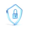 Digital security and data protection concept depicting a blue padlock and protective shield Royalty Free Stock Photo