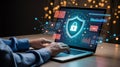 Digital Security & Data Protection: Hands Typing on Laptop with Shield Icon Royalty Free Stock Photo