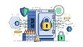 Digital Security Concept: Vault, Lock and Shield Protecting Data in a Modern Cyber Environment Royalty Free Stock Photo