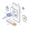 Digital security features with a smartphone, key, and various locks depicting user authentication