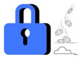 Digital Security and Financial Protection Concept with Blue Lock and Falling Coins Royalty Free Stock Photo