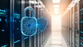Digital Security: Glowing Padlock and Shield in a Modern Server Room Royalty Free Stock Photo