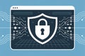 Digital security icon with lock and shield on computer screen, technology protection concept with circuit lines, safe data and Royalty Free Stock Photo