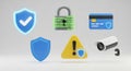 Digital security icons featuring shields padlock credit card camera and warning sign Royalty Free Stock Photo