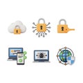 Digital security icons including cloud lock laptop bug and global network shield technology Royalty Free Stock Photo