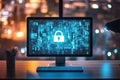 Digital security interface with lock symbol on monitor displaying colorful data patterns Royalty Free Stock Photo