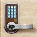 Digital security keypad and knob on door. 3D illustration