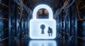 Digital Security Lock in Data Center with Network Cables and Servers Royalty Free Stock Photo
