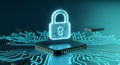 Digital Security Lock Icon on Circuit Board Chip for Data Protection and Corporate Privacy Royalty Free Stock Photo