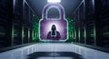 Digital Security Lock Icon in Data Center with Futuristic Cybersecurity Theme Royalty Free Stock Photo