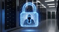 Digital Security Lock Icon in Data Center with Servers Royalty Free Stock Photo