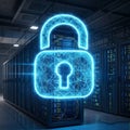Digital security lock icon illuminates server room symbolizing data protection and cybersecurity Royalty Free Stock Photo