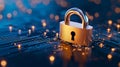 Digital security lock placed on a circuit board with glowing lights representing data protection Royalty Free Stock Photo