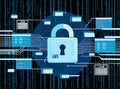 Digital security lock surrounded by data streams and binary code visuals Royalty Free Stock Photo