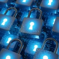 Digital security locks with glowing keyholes and binary code Royalty Free Stock Photo