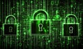 Digital security locks on green data background, representing cybersecurity, encryption, and data protection in Royalty Free Stock Photo