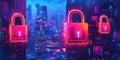 Digital security locks protecting futuristic cityscape with neon lights and technology Royalty Free Stock Photo