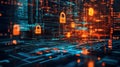 Digital Security Network with Glowing Padlocks