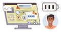 Digital Security, Online Threats, Data Privacy Concepts with Computer Screen, Internet Icons, Battery, Human Profile Royalty Free Stock Photo