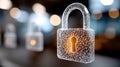 Digital security padlock with glowing keyhole protecting sensitive business data from cyber threats. Royalty Free Stock Photo