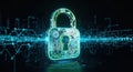 Digital Security Padlock Icon with Futuristic Circuit Board and Binary Code Background Royalty Free Stock Photo