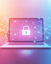 Digital security and privacy concept with a blank-screen laptop, a floating digital lock, and an abstract pastel cyber network Royalty Free Stock Photo