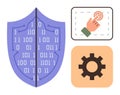Digital Security Shield with Binary Code, Gear Icon, and Hand Tapping Interface Button Royalty Free Stock Photo