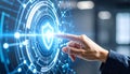 Digital Security Shield Concept Finger Touching Futuristic Interface with Glowing Network Royalty Free Stock Photo