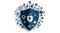 A digital security shield featuring a padlock, surrounded by technology icons, representing online safety and cybersecurity