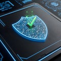 Digital Security Shield with Glowing Checkmark on Futuristic Circuit Board Background, Representing Cybersecurity and Data Royalty Free Stock Photo