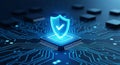 Digital security shield icon glowing on circuit board representing cyber protection and data safety technology Royalty Free Stock Photo