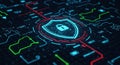 Digital security shield icon with glowing circuit network representing cyber protection and data safety Royalty Free Stock Photo