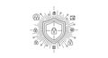 Digital Security Shield Icon with Lock and Data Elements in Minimalist Line Art Style Royalty Free Stock Photo