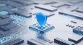 Digital security shield icon on microchip circuit board representing cyber protection and data safety technology Royalty Free Stock Photo