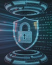 Digital security shield with padlock and binary code background Royalty Free Stock Photo