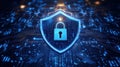 Digital security shield with padlock on circuit board displaying binary code for data protection Royalty Free Stock Photo