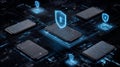 Digital security shields hovering above smartphones. Artificial intelligence image Royalty Free Stock Photo
