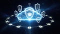 Digital security shields and padlocks surrounding a glowing cloud with binary code in a futuristic network Royalty Free Stock Photo