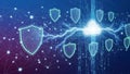 Digital security shields surrounding a glowing cloud with binary code and network connections in a futuristic blue and purple Royalty Free Stock Photo